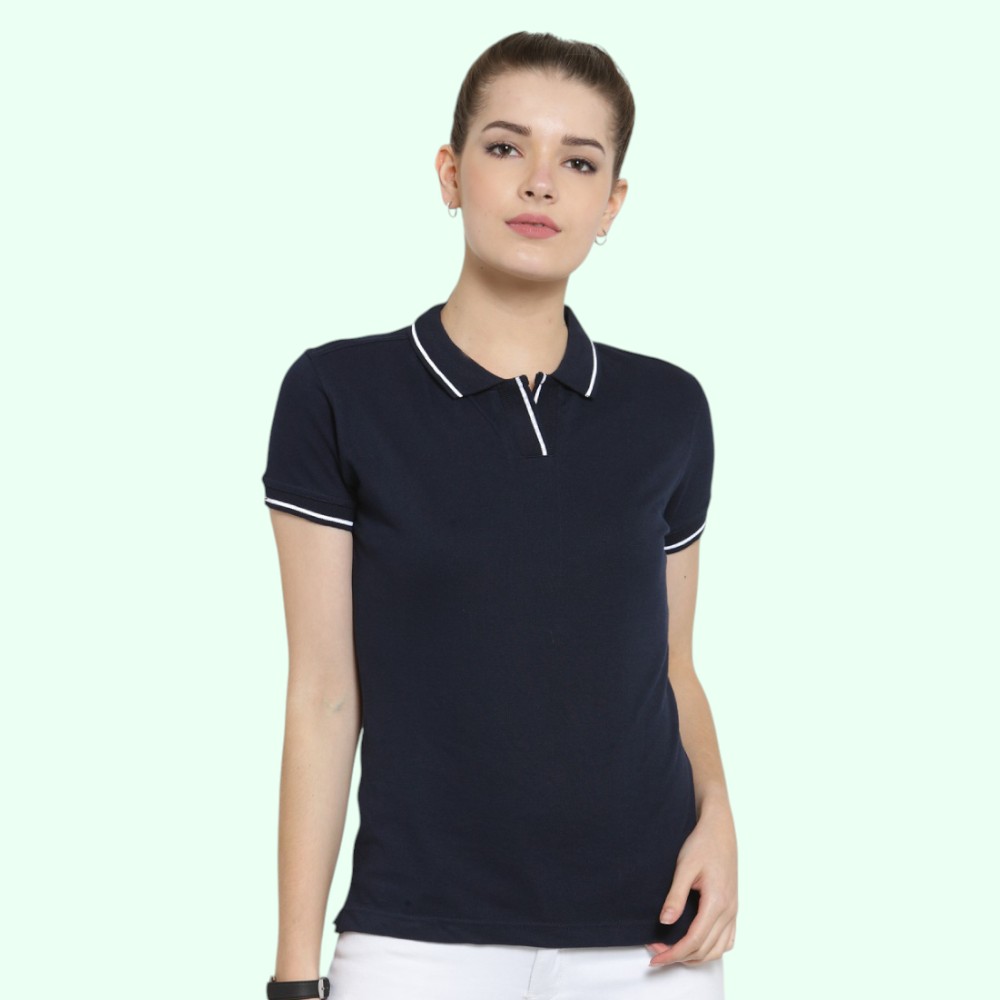 Scott Organic Women's Polo T-Shirt- Navy Blue with White Tipping - Image 16