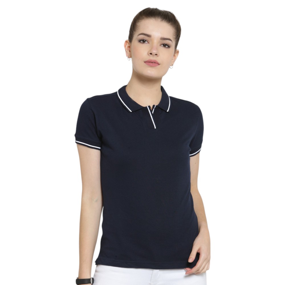 Scott Organic Women's Polo T-Shirt- Navy Blue with White Tipping - Image 11