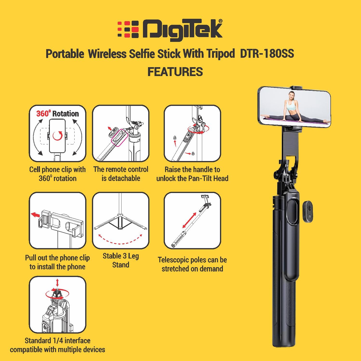 Digitek Portable Wireless Selfie Stick Tripod With Remote (Dtr-180Ss)-Black - Image 5