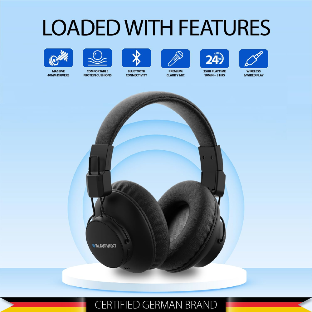 Blaupunkt Bh41 Bluetooth Wireless Over Ear Headphone- Black - Image 3