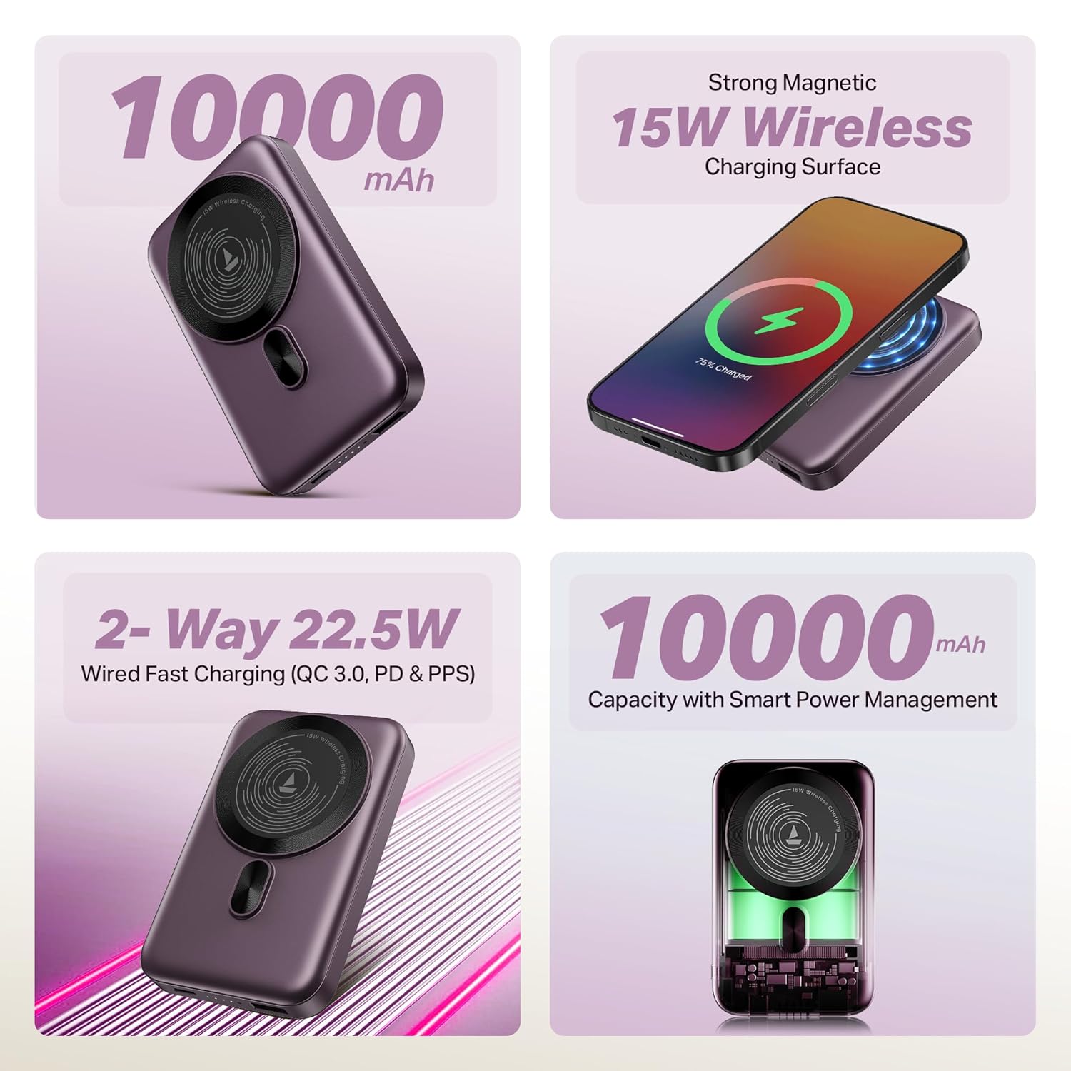 Boat Energy Shroom PB331,10000mAh Magnetic Wireless Powerbank- Purple - Image 18