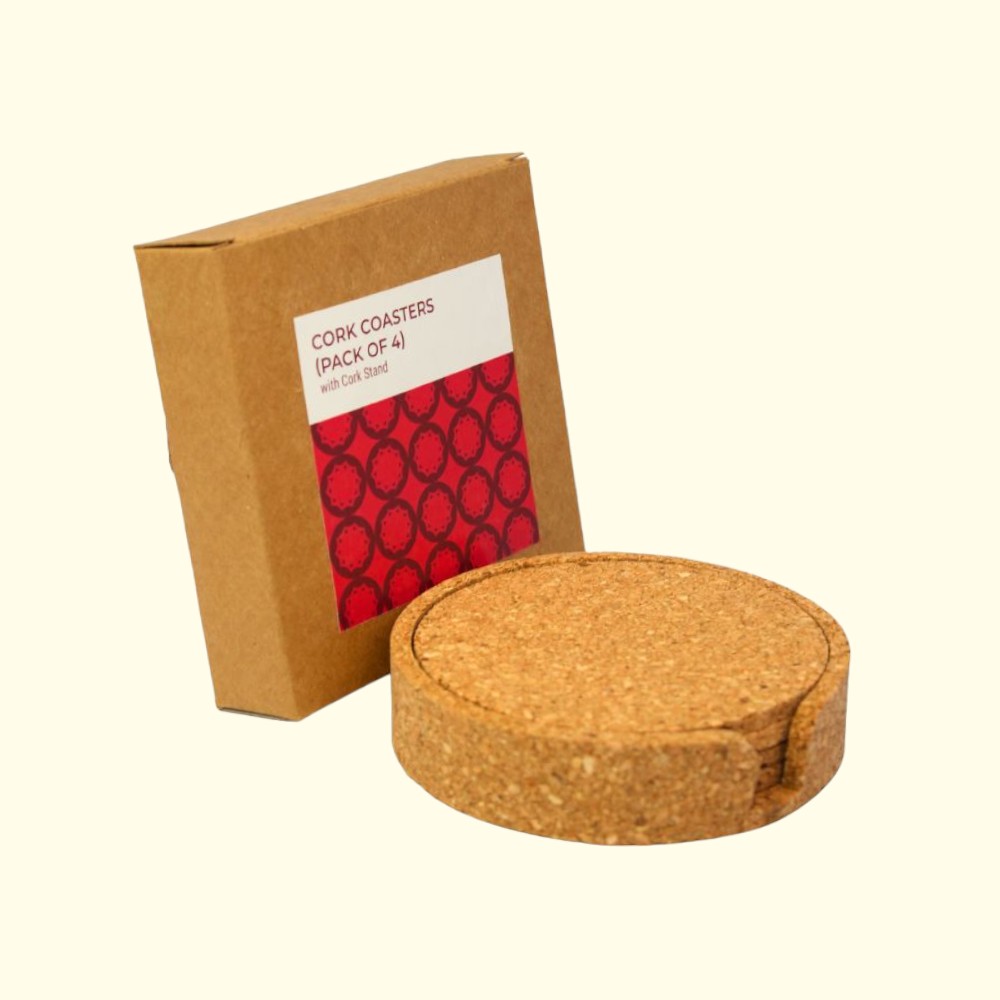 Set of 4 Plain Coasters Cork Coasters with Cork Holder- Natural Brown - Image 6
