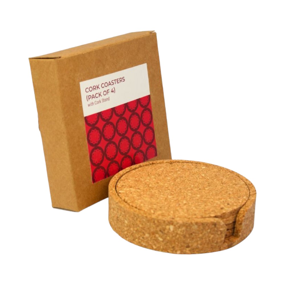 Set of 4 Plain Coasters Cork Coasters with Cork Holder- Natural Brown - Image 7