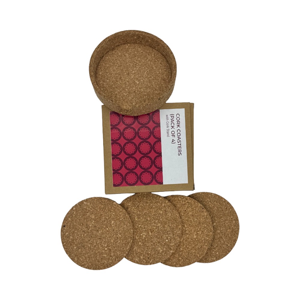 Set of 4 Plain Coasters Cork Coasters with Cork Holder- Natural Brown