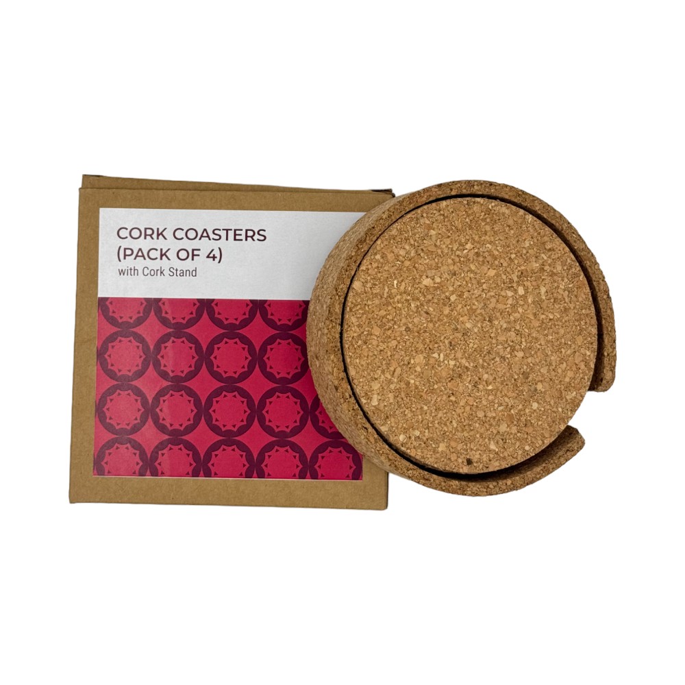 Set of 4 Plain Coasters Cork Coasters with Cork Holder- Natural Brown - Image 2