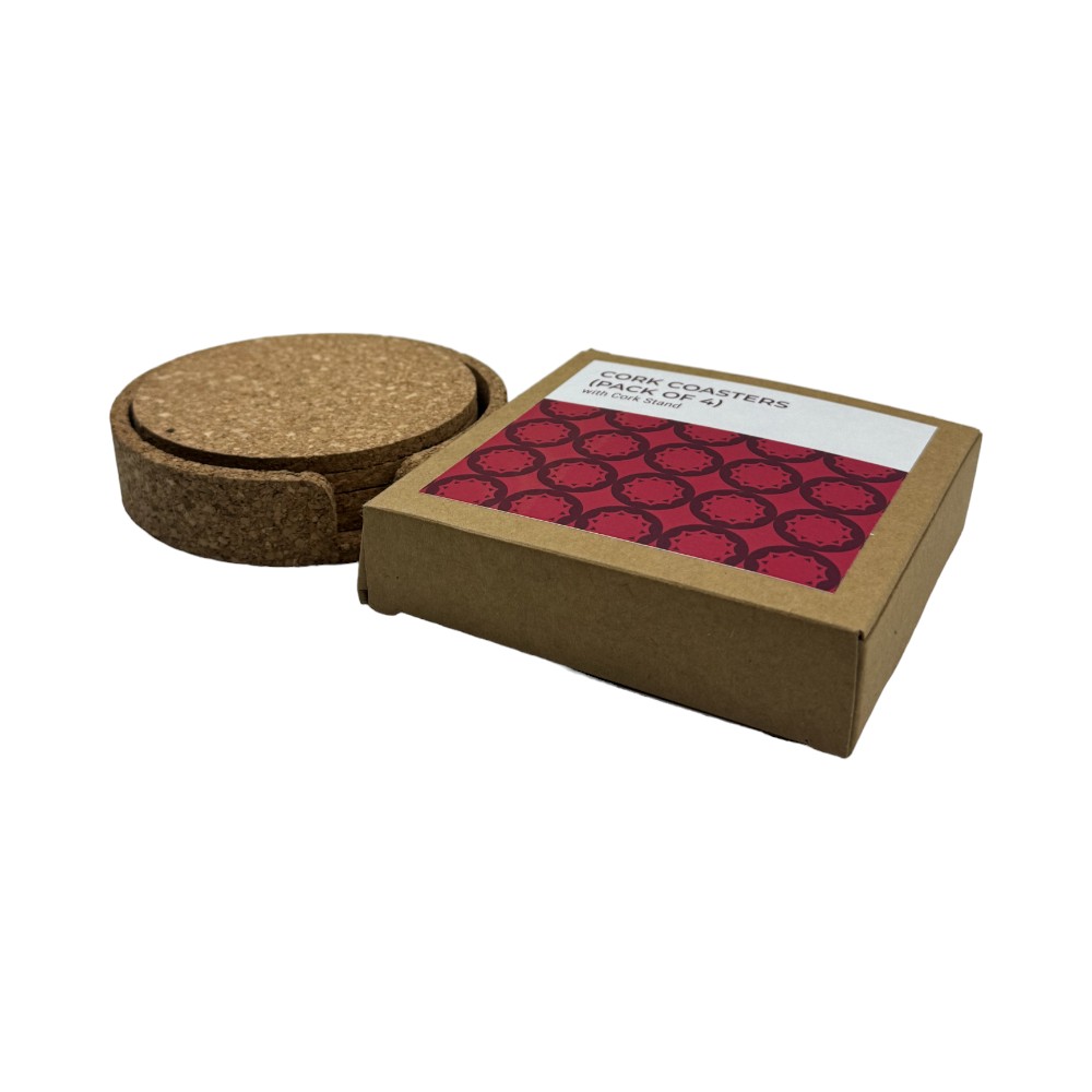 Set of 4 Plain Coasters Cork Coasters with Cork Holder- Natural Brown - Image 3