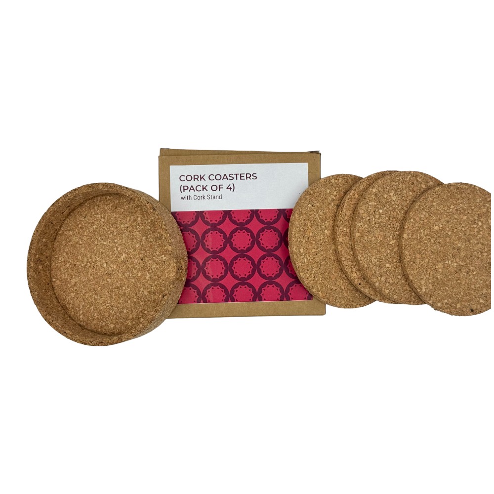 Set of 4 Plain Coasters Cork Coasters with Cork Holder- Natural Brown - Image 4
