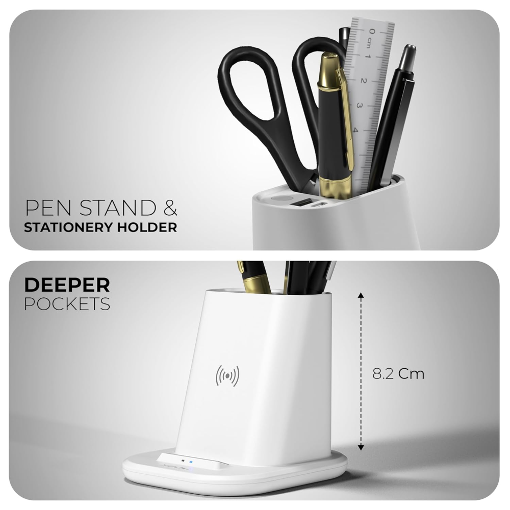 Xech Quest Multifunctional Pen Stand with Wireless Charger- White - Image 8